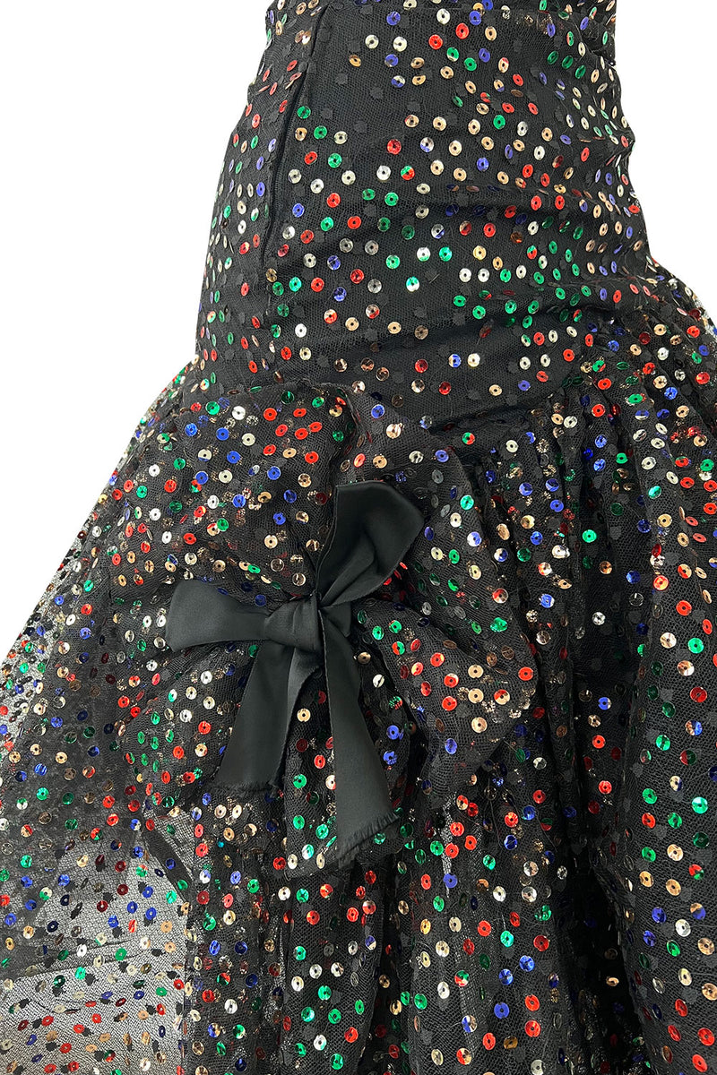 Gorgeous 1980s Arnold Scaasi Black Net Dress w Multi Colour Sequins & Asymmetrical Skirt