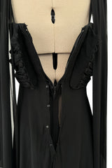 Gorgeous Spring 1989 Bill Blass Runway Black Silk Halter Chiffon w Trailing Shoulder Panels