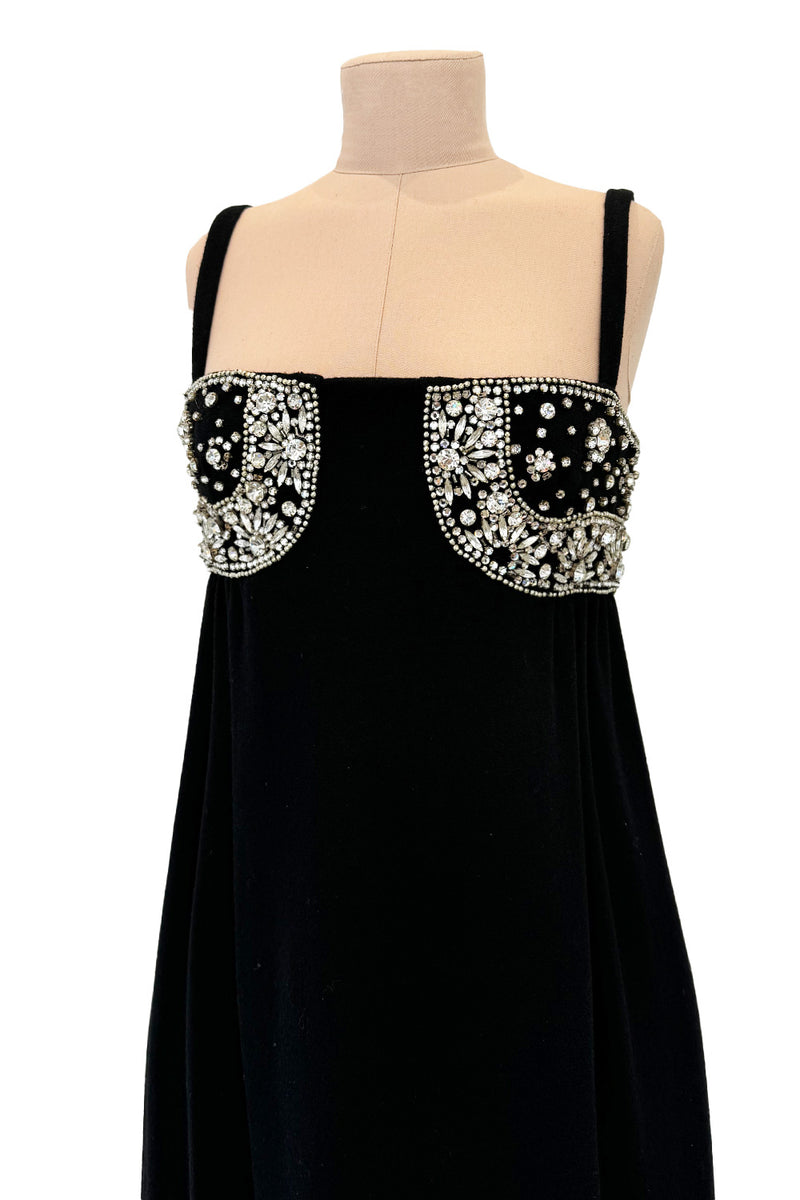 Sophisticated 1960s Donald Brooks Fine  Black Wool Crepe Dress w Elaborate Rhinestone Detailing