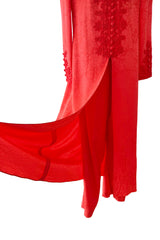 1970s Oscar de la Renta Coral Orange Wide Leg Pant & Long Caftan Tunic Set w Silk Cord Detailing
