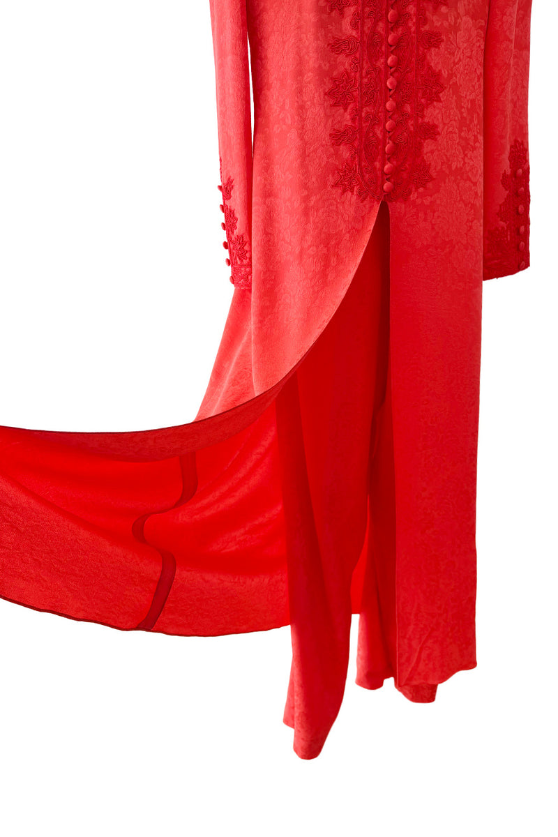 1970s Oscar de la Renta Coral Orange Wide Leg Pant & Long Caftan Tunic Set w Silk Cord Detailing