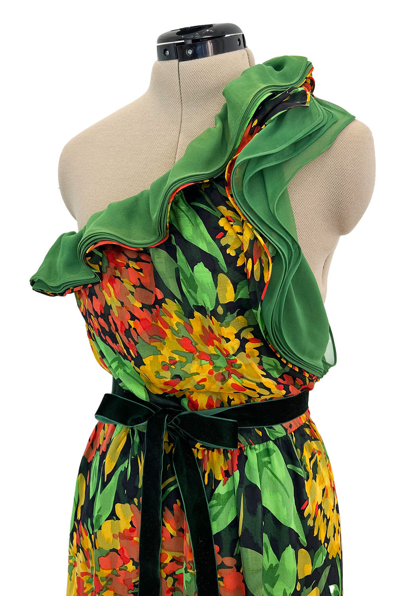 Prettiest 1970s James Galanos Couture Weightless One Shoulder Floral Silk Chiffon Dress