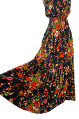 Wonderful c.1974 Yves Saint Laurent Brilliant Floral Print Strapless Cotton Dress w Top Stitched Gathers
