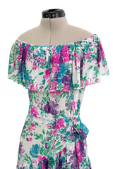 Prettiest Spring 1980 Yves Saint Laurent Floral Cotton Gauze Wide Shoulder Dress w Matching Tie Belt