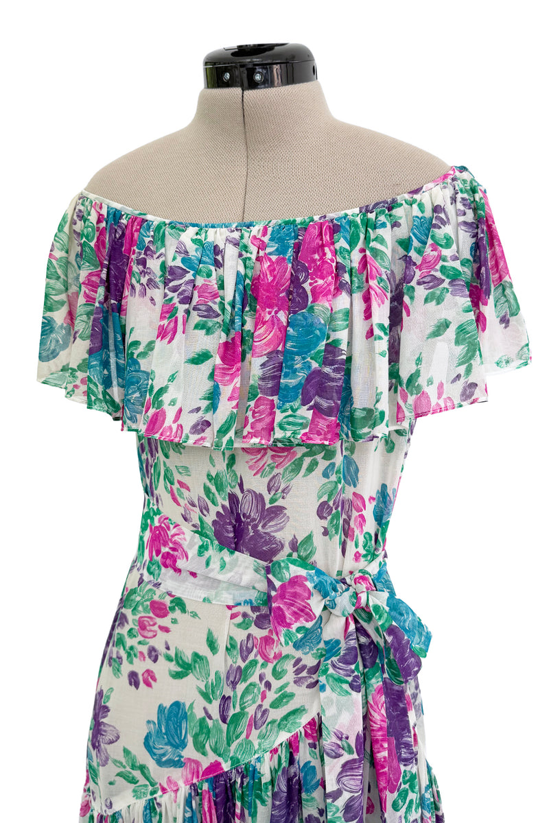 Prettiest Spring 1980 Yves Saint Laurent Floral Cotton Gauze Wide Shoulder Dress w Matching Tie Belt