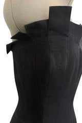 Fantastic c.1983 Thierry Mugler Black Raw Silk Vertical Panel Dress w Car Wash Hem & Silk Chiffon