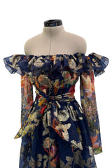 Prettiest 1960s Oscar de la Renta Metallic Thread Detailed Silk Organza Printed Off Shoulder Dress