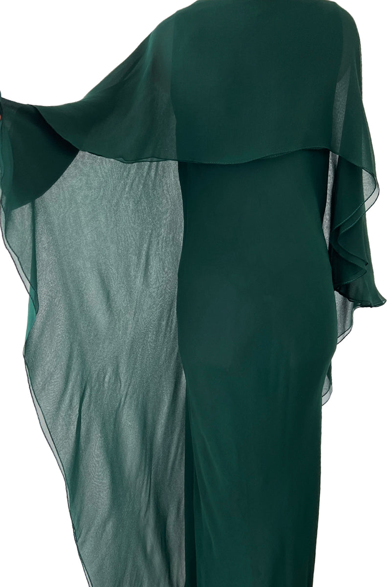 Fall 1975 Beautiful Halston Runway Flowing Deep Green Silk Chiffon w Low Back Plunge