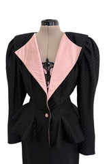 Fantastic Spring 1984 Emanuel Ungaro Haute Couture Black Stripe Jacket & Skirt Suit + Pink Camisole