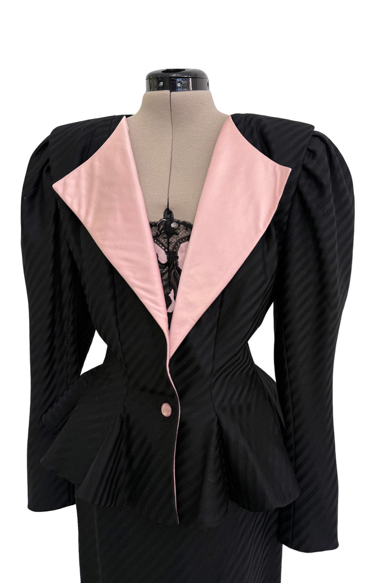 Fantastic Spring 1984 Emanuel Ungaro Haute Couture Black Stripe Jacket & Skirt Suit + Pink Camisole