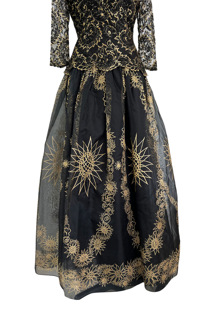 Fall 1995 Zandra Rhodes 'The Fairy Collection' Hand Painted Metallic Gold Lace & Silk Dress