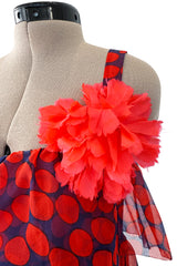 Gorgeous 1970s Givenchy Blue & Red Dot Tiered Silk Organza Ruffle Dress