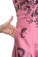 Exceptional Spring 2004 Oscar de la Renta Runway Look 39 Strapless Pink Silk w Black Embroidery & Beads
