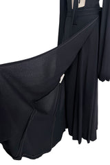 1971 Ossie Clark Couture "Come Fly With Me" Black Moss Crepe Open Back Wrap Dress w Huge Sleeves