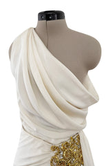 Spring 1990 Hubert de Givenchy Haute Couture Runway Ivory Silk Dress w Gold Metal Detailing