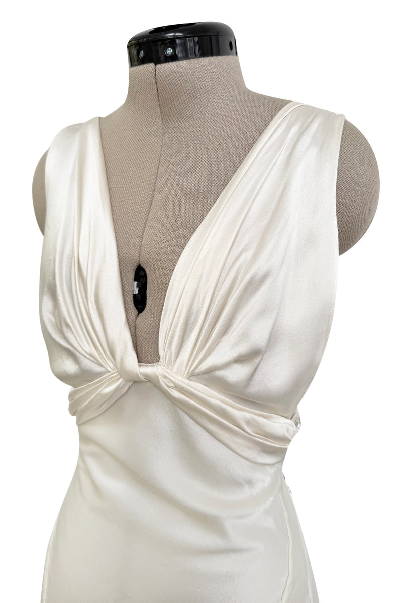 Iconic Spring 2006 Roberto Cavalli Front Plung & Open Back Heavily Detailed w Rhinestone Bias Cut Ivory Silk Dress