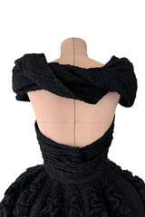 Exceptional Spring 1988 Christian Lacroix Demi-Couture Luxe Label Black Pouf Dress w Attached Shoulder Piece