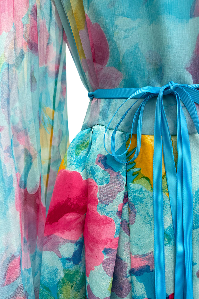Prettiest 1970s Richilene Pastel Turquoise & Pink Floral Print Silk & Silk Chiffon Dress w Balloon Sleeves