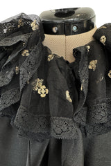 Fabulous 1970s Valentino Black Silk Cropped Pants & Black Silk Top Set w Gold Detailed Ruffled Collar