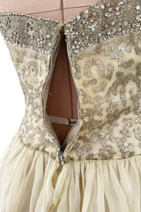 Exceptional 1959 Balenciaga Haute Couture Strapless Ivory Silk Chiffon w Metallic Embroidery