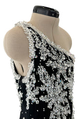 Incredible 1960s Adolfo Black Silk Chiffon One Shoulder Dress w Extensive Hand Bead & Sequin Detailing
