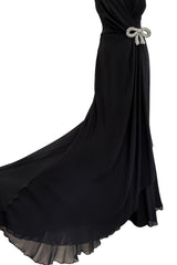 Beautiful 2000s Valentino Roma Black Bias Cut Silk Chiffon Dress w Front & Back Plunge & Silver Sequin Bow