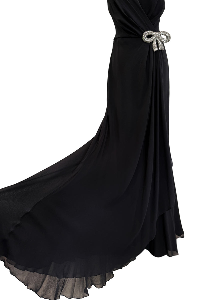 Beautiful 2000s Valentino Roma Black Bias Cut Silk Chiffon Dress w Front & Back Plunge & Silver Sequin Bow
