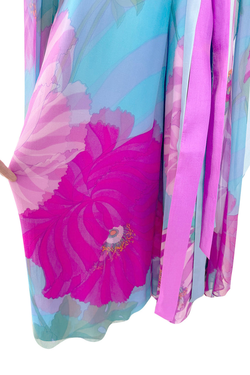 Fabulous 1970s Hanae Mori Couture Printed Silk Jumpsuit w Floor Length Angel Sleeves