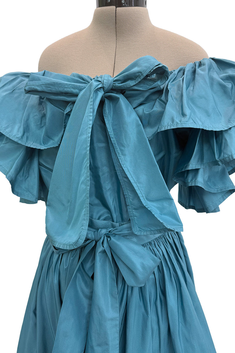 Spectacular 1970s Yves Saint Laurent Deep Turquoise Blue Silk Off Shoulder Fuffled Top & Matching Skirt Set