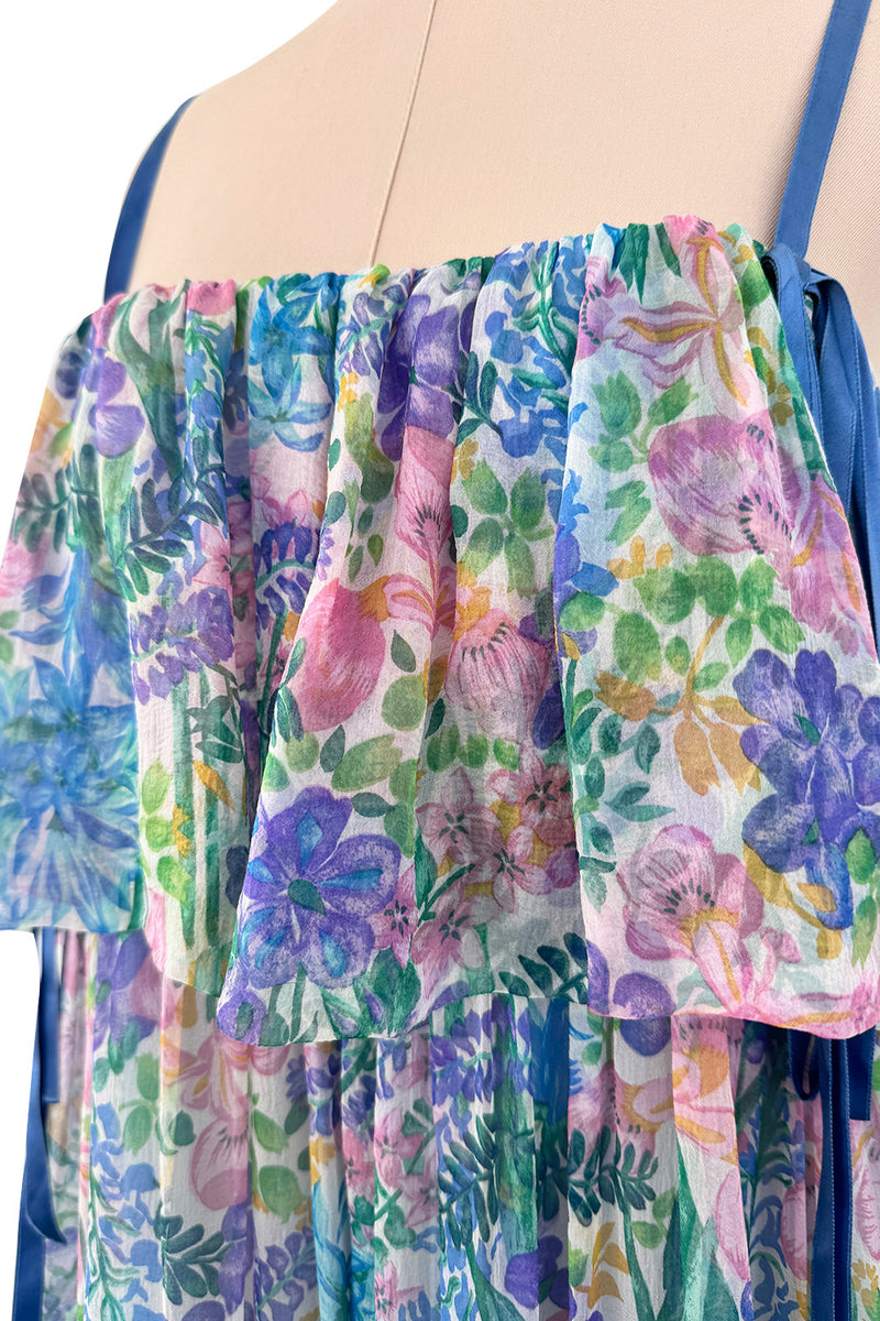 Spectacular Spring 1978 Christian Dior by Marc Bohan Blue Floral Silk Chiffon Dress w Ribbon Straps