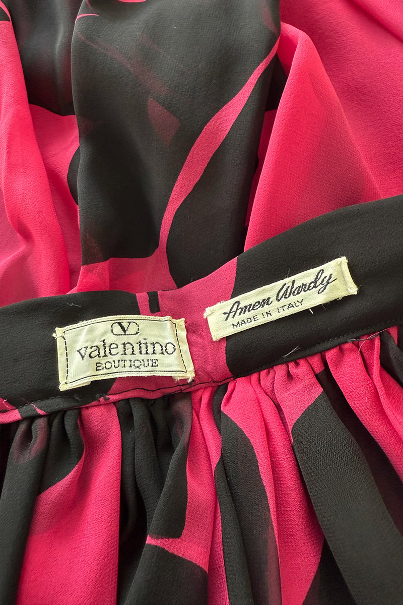 Multifunctional 1970s or 1980s Original Valentino Deep Pink & Black Printed Silk Chiffon Open Front Over Skirt