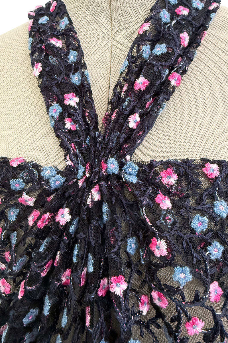 Sheer Fall 2024 Giorgio Armani Sample Deep Blue Net Dress w Embroidered Cotton Pink & Blue Flowers