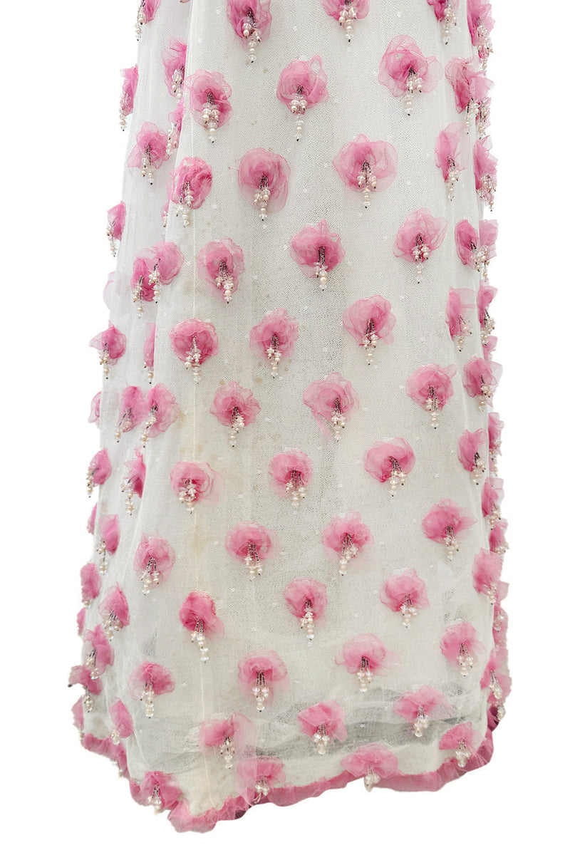 Late 1960s Belleville et Cie Couture Ivory Silk Net Dress w Pink Chiffon & Beaded Details