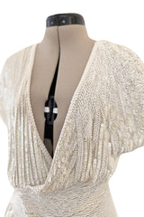 Prettiest 1970s Lillie Rubin Ivory Fully Sequinned & Applied Tube Beads on Silk Chiffon Dress