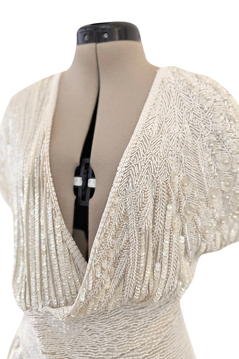 Prettiest 1970s Lillie Rubin Ivory Fully Sequinned & Applied Tube Beads on Silk Chiffon Dress