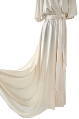 1970s Halston Draped Minimal Seamed Ivory Jersey Wrap Over Dress w Full Sleeves