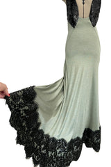 Incredible 1990s Geoffrey Beene Couture Dusty Green Jersey Plunge Dress w Sequins