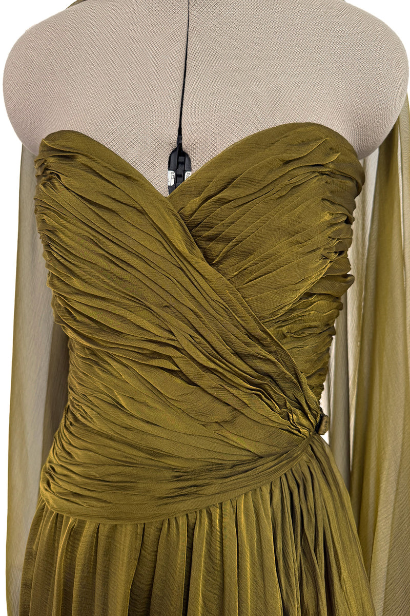 Fall 1989 Oscar de la Renta Iridescent Green Gold Silk Chiffon Strapless Dress w Matching Cape
