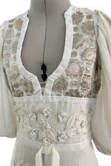 Rare 1969-75 Thea Porter Couture Embroidered Silk Organza & Gold Metallic Dress w Balloon Sleeves