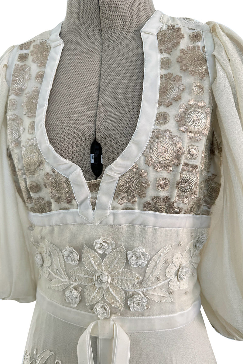 Rare 1969-75 Thea Porter Couture Embroidered Silk Organza & Gold Metallic Dress w Balloon Sleeves
