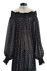 Spring 1978 Yves Saint Laurent Runway & Ad Campaign Off Shoulder Silk Chiffon Dot Dress