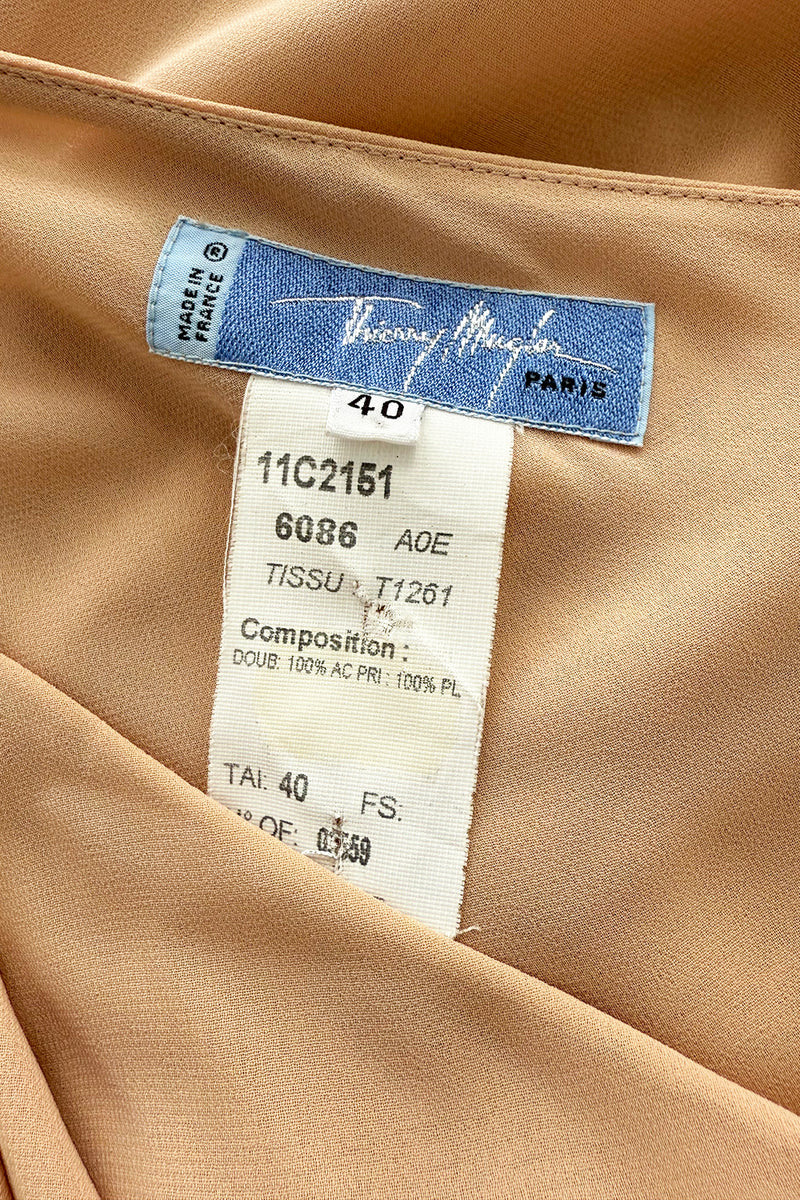 Spectacular Spring 2000 Thierry Mugler Runway Nude Chiffon One Shoulder Dress w Acrylic Detail