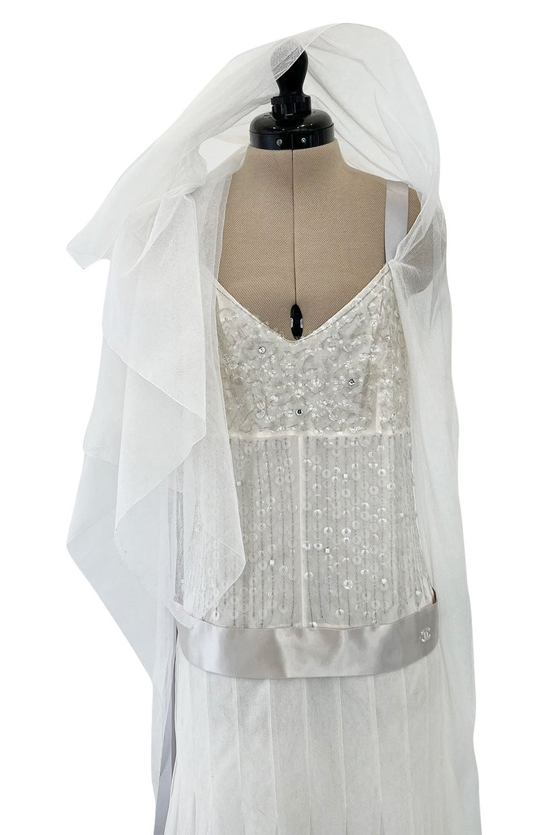 Stunning 2005 Chanel by Karl Lagerfeld White Sequin Detailed & Silk Tulle Dress w Ribbon Detail