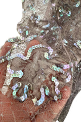 Prettiest 1970s Unlabeled Pale Grey Lace & Blue Grey Glossy Sequin Drop Waist Dress