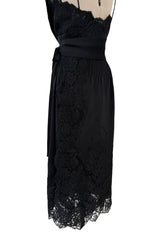 Beautiful 1990s Original Valentino Haute Couture Black Silk Dress w Handmade Lace Detailing