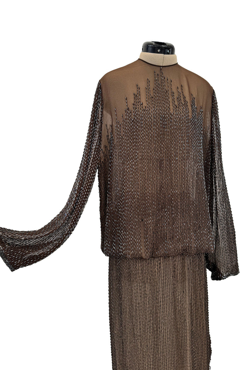 Elegant Fall 1981 John Anthony Couture Hand Beaded Brown Silk Chiffon Top & Skirt Set