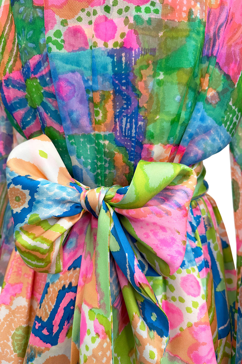 Fantastic Spring 1969 Kiki Hart Multi Colour Floral & Pattern Silk & SIlk Organza Dress w Balloon Sleeves