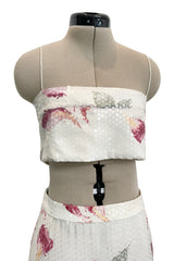 Spring 2001 Balmain by Oscar de la Renta Silk Floral Jacket, Skirt & Bandeau Dress Set Covered in Iridescent Sequins