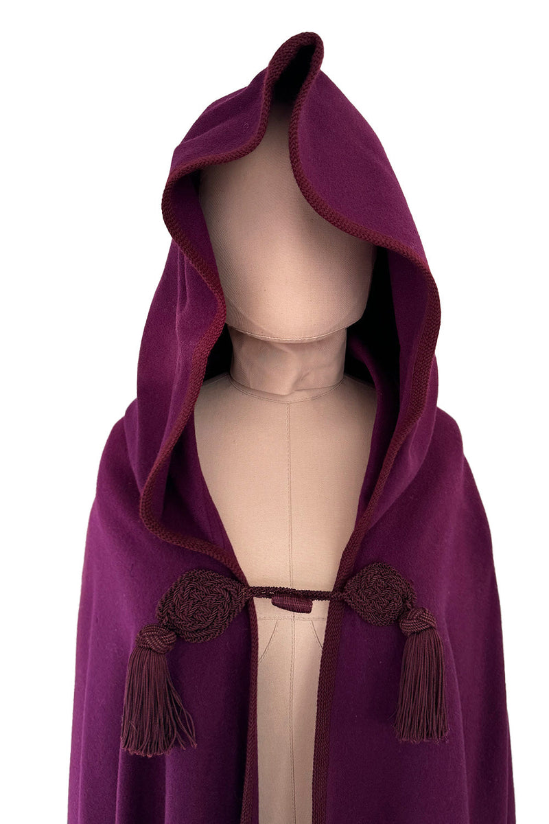 Iconic Fall 1976 Yves Saint Laurent Deep Purple Hooded Cape w Braided Edges & Tassel Details