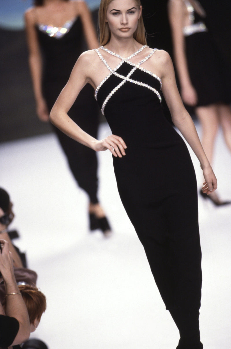 Incredible & Rare Fall 1995 Todd Oldham Runway Black Silk Creoe Dress w Large Crystal Detailing